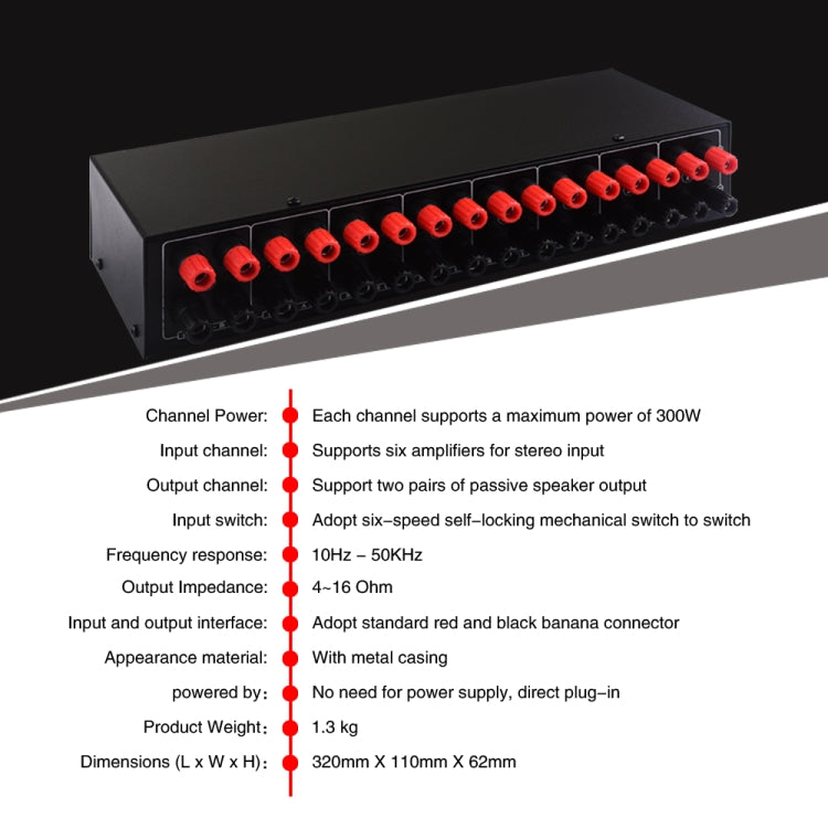 Dispositivo di distribuzione dell'interruttore dell'altoparlante dello switcher dell'amplificatore di potenza 6 in 2 out da 300 W, 6 In 2 Out