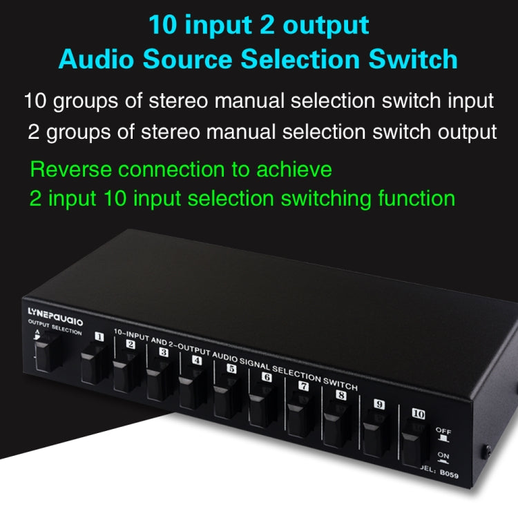 B059 Interruttore RCA a 2 vie 10 ingressi 2 uscite / 2 ingressi 10 uscite Selezione frequenza audio Dispositivo di spostamento Scatola altoparlante, B059