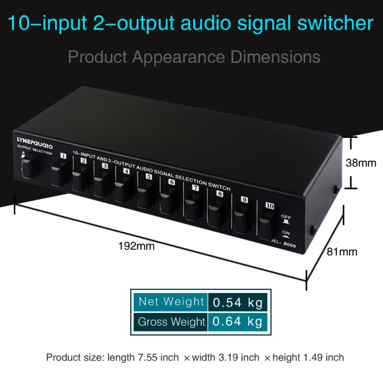 B059 Interruttore RCA a 2 vie 10 ingressi 2 uscite / 2 ingressi 10 uscite Selezione frequenza audio Dispositivo di spostamento Scatola altoparlante, B059