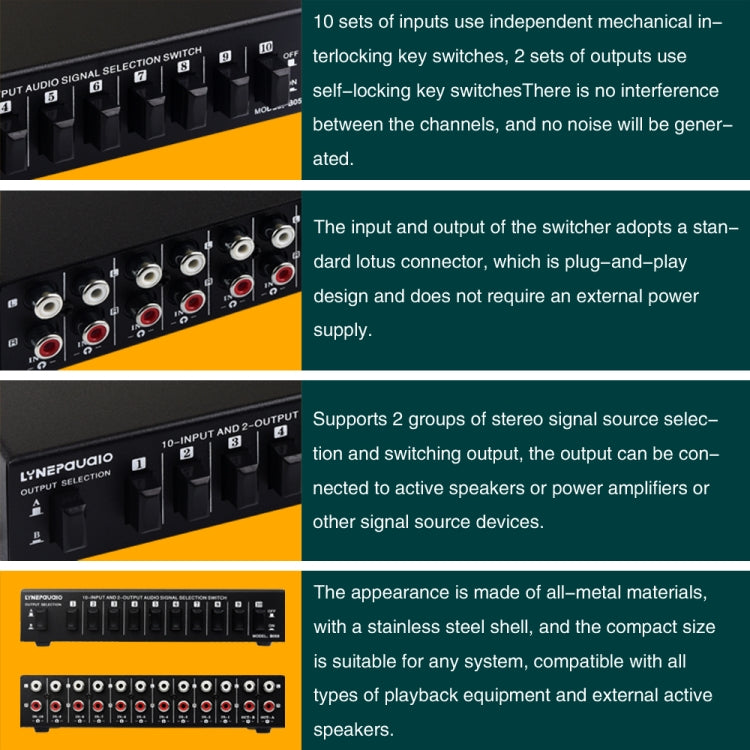 B059 Interruttore RCA a 2 vie 10 ingressi 2 uscite / 2 ingressi 10 uscite Selezione frequenza audio Dispositivo di spostamento Scatola altoparlante, B059