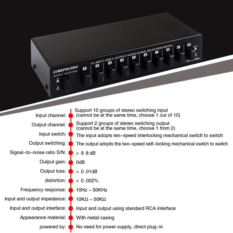 B059 Interruttore RCA a 2 vie 10 ingressi 2 uscite / 2 ingressi 10 uscite Selezione frequenza audio Dispositivo di spostamento Scatola altoparlante, B059