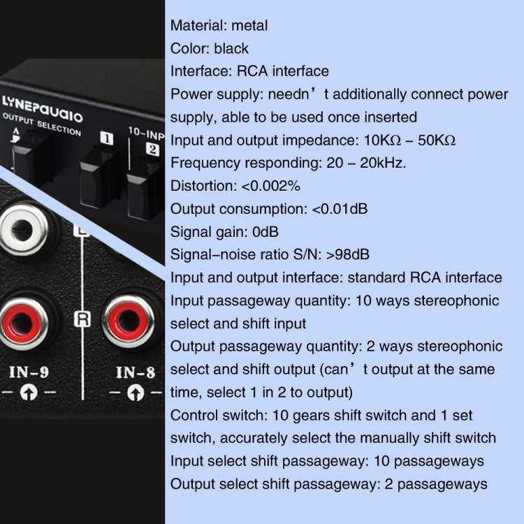 B059 Interruttore RCA a 2 vie 10 ingressi 2 uscite / 2 ingressi 10 uscite Selezione frequenza audio Dispositivo di spostamento Scatola altoparlante, B059