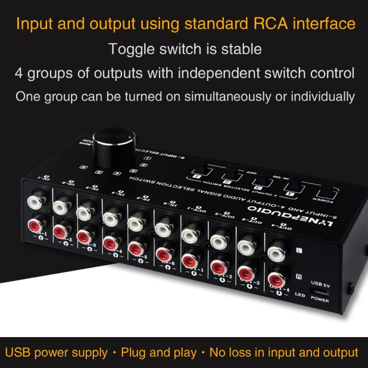 Selettore di segnale commutatore audio RCA 6 ingressi 4 uscite Distribuisci il controllo dell'interruttore del dispositivo