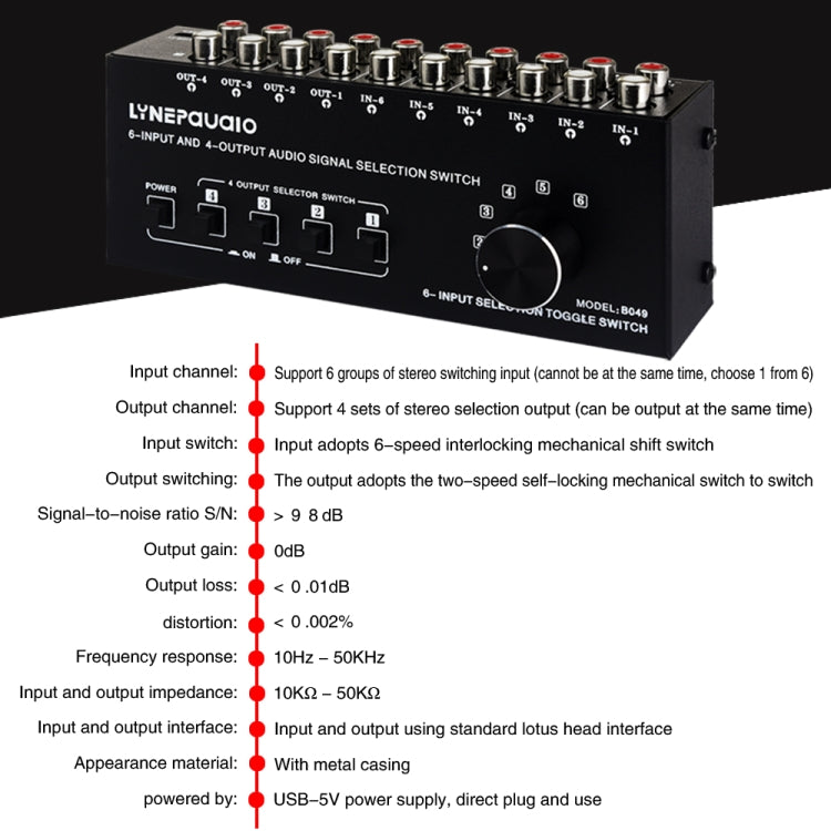 Selettore di segnale commutatore audio RCA 6 ingressi 4 uscite Distribuisci il controllo dell'interruttore del dispositivo