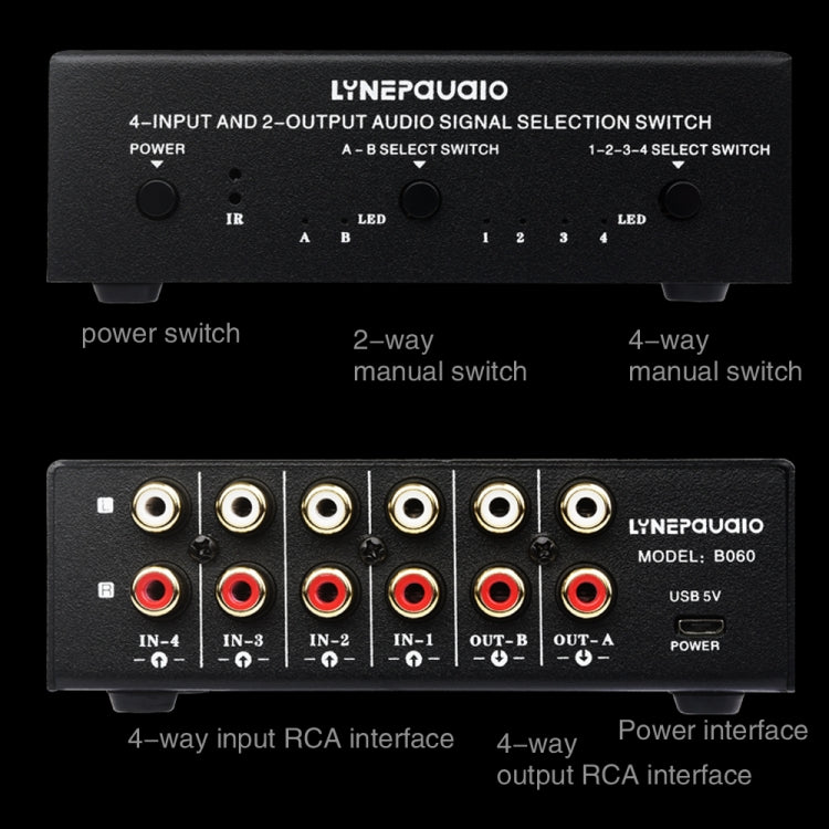 Dispositivo di commutazione del segnale audio RCA 4 ingressi 2 uscite / 2 ingressi 4 uscite con telecomando