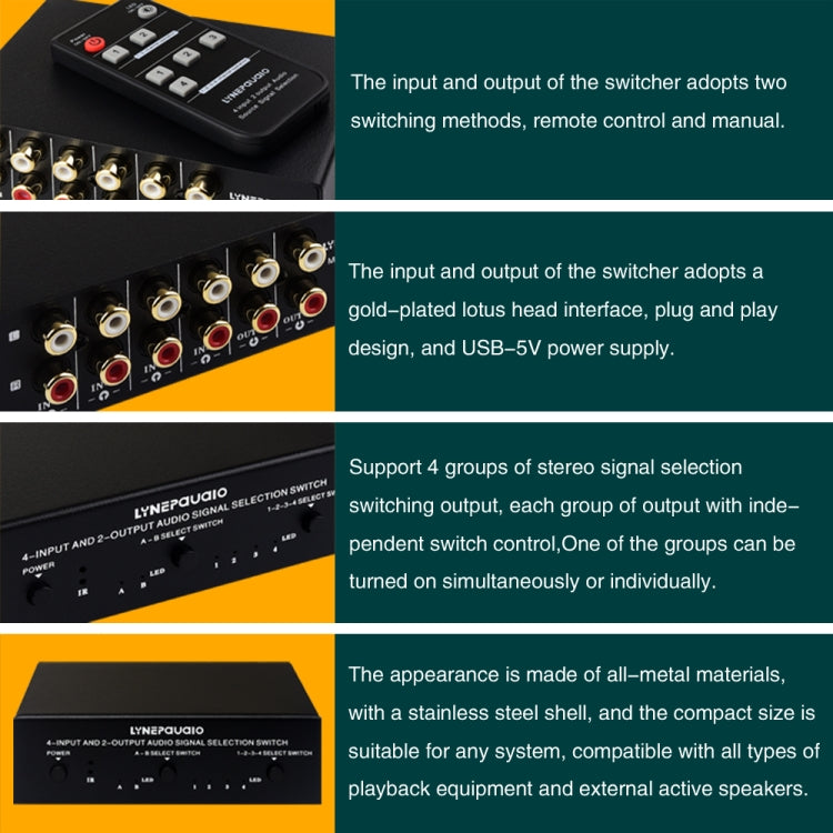 Dispositivo di commutazione del segnale audio RCA 4 ingressi 2 uscite / 2 ingressi 4 uscite con telecomando