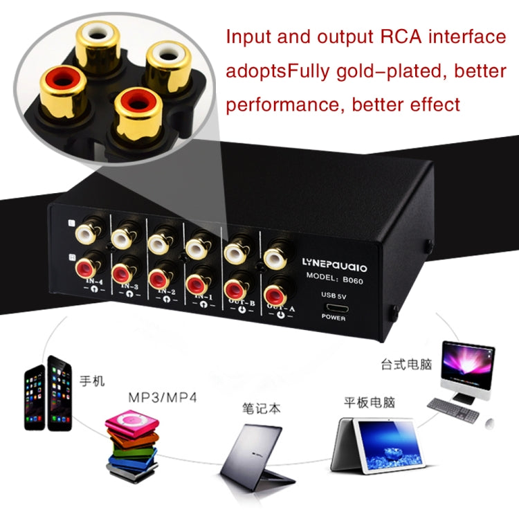 Dispositivo di commutazione del segnale audio RCA 4 ingressi 2 uscite / 2 ingressi 4 uscite con telecomando