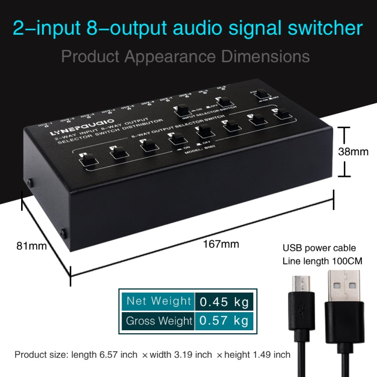 Distributore dell'interruttore di selezione del segnale di frequenza audio RCA da 2 ingressi e 8 uscite, 2 In 8 Out