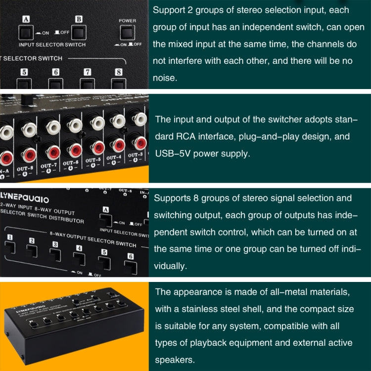 Distributore segnale audio RCA 2 ingressi 8 uscite con interrutto
