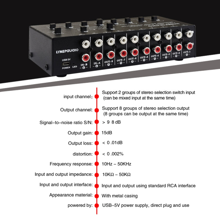 Distributore segnale audio RCA 2 ingressi 8 uscite con interrutto