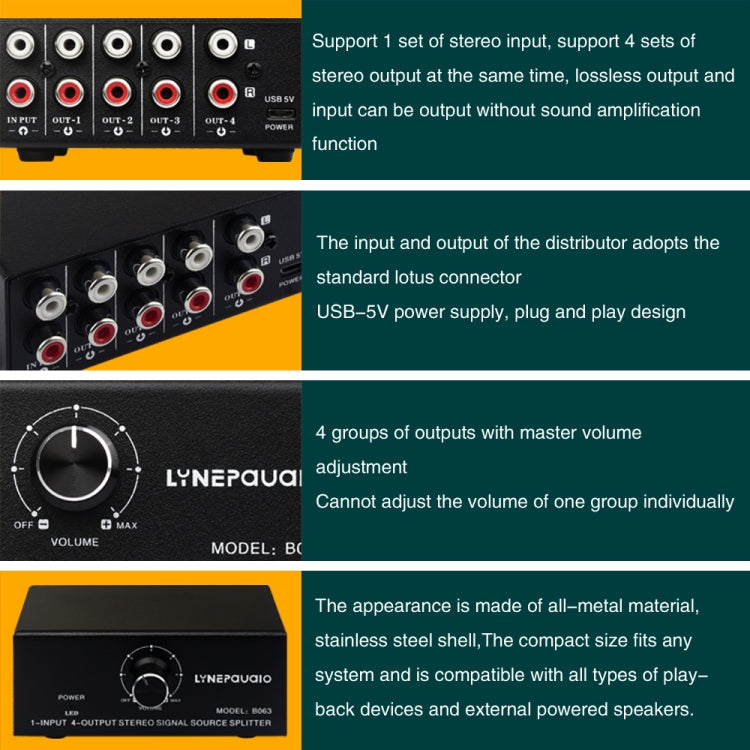 Interfaccia RCA di uscita senza consumo del dispositivo di distribuzione del segnale di frequenza audio 1 ingresso 4 uscite, 1 In 4 Out RCA Interface