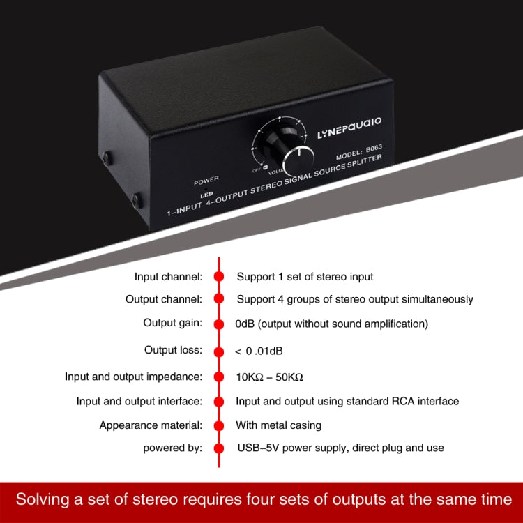 Interfaccia RCA di uscita senza consumo del dispositivo di distribuzione del segnale di frequenza audio 1 ingresso 4 uscite, 1 In 4 Out RCA Interface