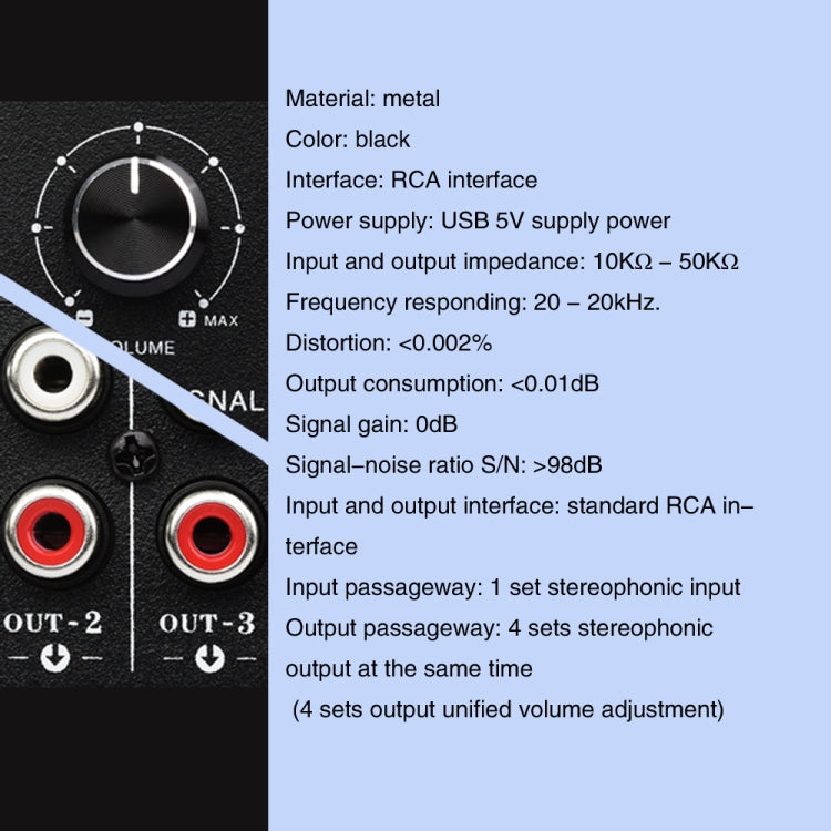 Interfaccia RCA di uscita senza consumo del dispositivo di distribuzione del segnale di frequenza audio 1 ingresso 4 uscite, 1 In 4 Out RCA Interface