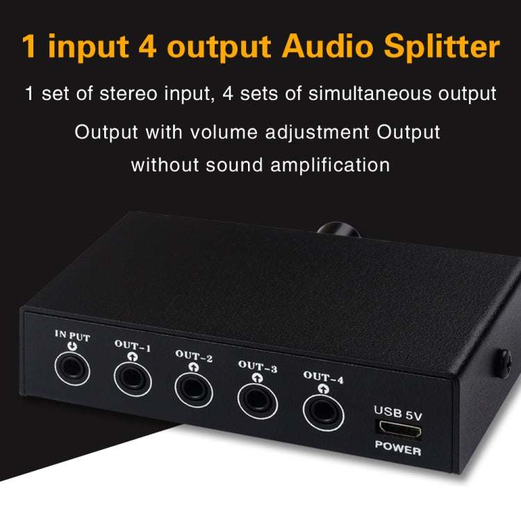 Dispositivo di distribuzione splitter del segnale di frequenza audio 1 ingresso e 4 uscite, senza consumo, uscita interfaccia da 3,5 mm, 1 In 4 Out 3.5mm Interface