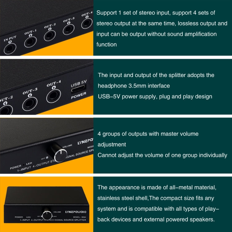 Dispositivo di distribuzione splitter del segnale di frequenza audio 1 ingresso e 4 uscite, senza consumo, uscita interfaccia da 3,5 mm, 1 In 4 Out 3.5mm Interface