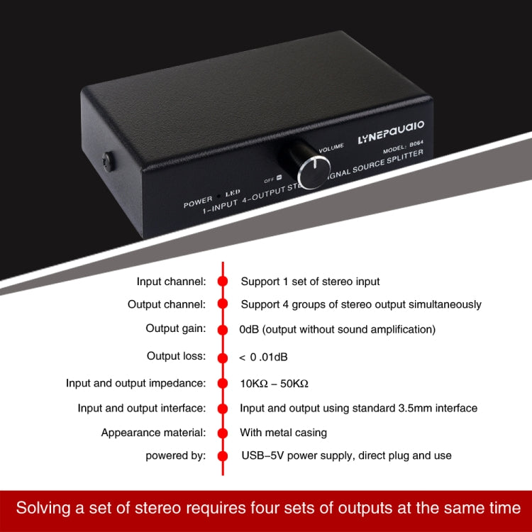 Dispositivo di distribuzione splitter del segnale di frequenza audio 1 ingresso e 4 uscite, senza consumo, uscita interfaccia da 3,5 mm, 1 In 4 Out 3.5mm Interface