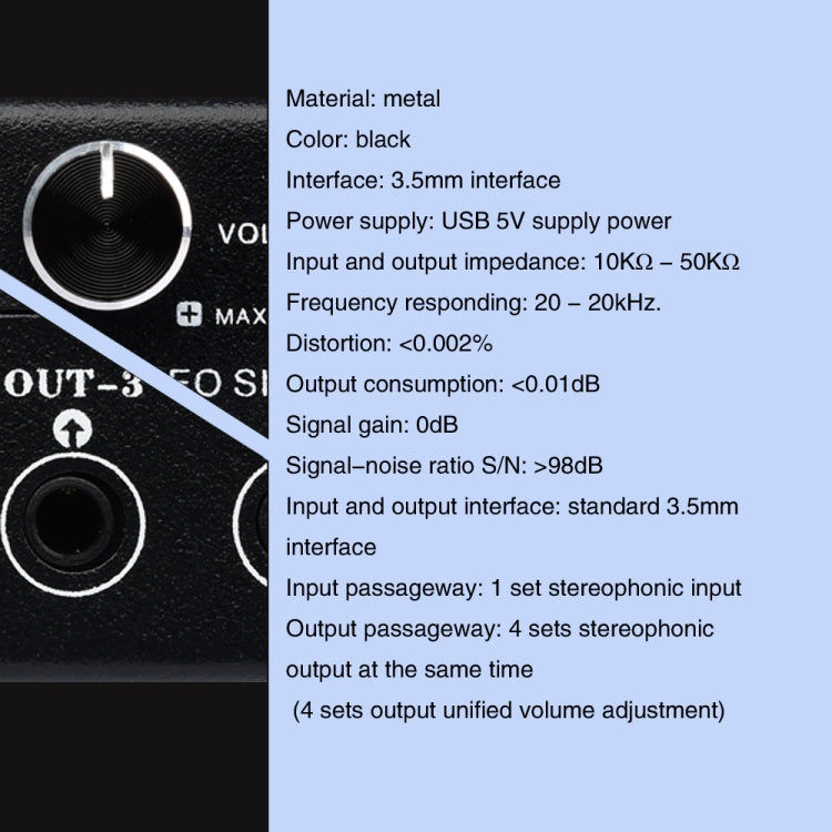 Dispositivo di distribuzione splitter del segnale di frequenza audio 1 ingresso e 4 uscite, senza consumo, uscita interfaccia da 3,5 mm, 1 In 4 Out 3.5mm Interface