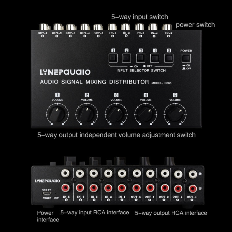 Selettore del segnale audio 5 ingressi e 5 uscite Miscelazione audio Distribuisci interruttore indipendente dall'ingresso del dispositivo, 5 In 5 Out