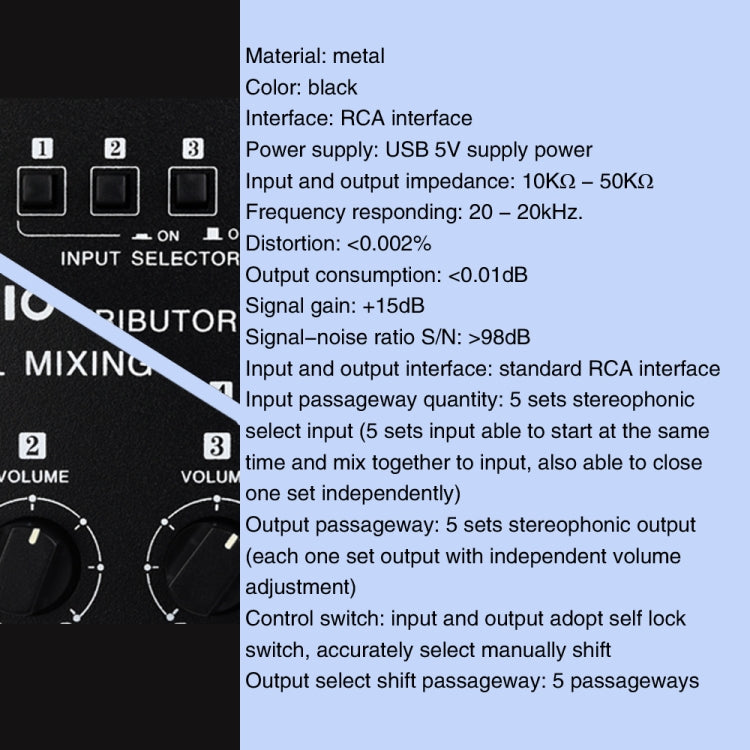 Selettore del segnale audio 5 ingressi e 5 uscite Miscelazione audio Distribuisci interruttore indipendente dall'ingresso del dispositivo, 5 In 5 Out