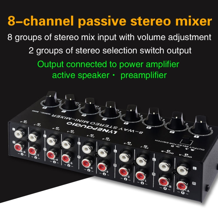 B066 Mini mixer passivo audio stereo a 8 canali RCA non sorgente, senza alimentazione, 8 Channel RCA