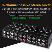 B066 Mini 8 Channel RCA Stereo Audio Passive Mixer Non-Source, No Power, 8 Channel RCA