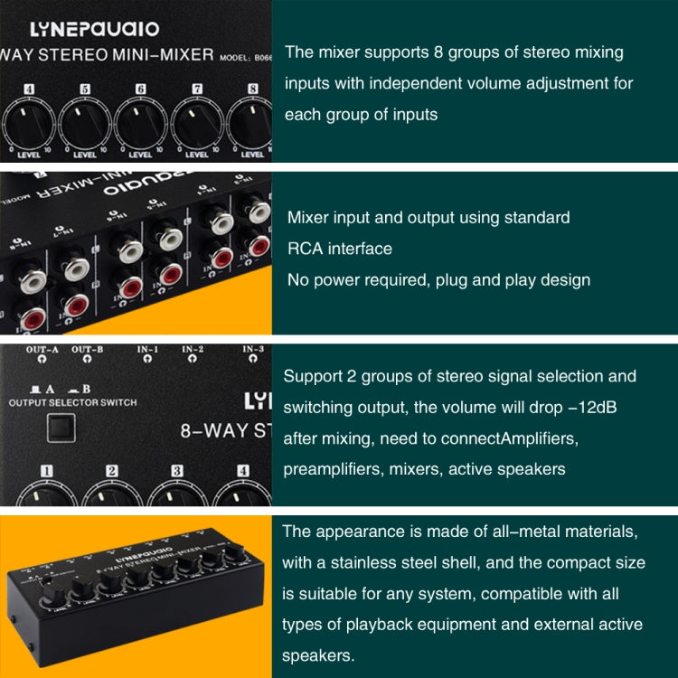 B066 Mini 8 Channel RCA Stereo Audio Passive Mixer Non-Source, No Power, 8 Channel RCA