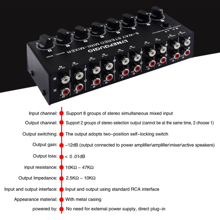 B066 Mini 8 Channel RCA Stereo Audio Passive Mixer Non-Source, No Power, 8 Channel RCA