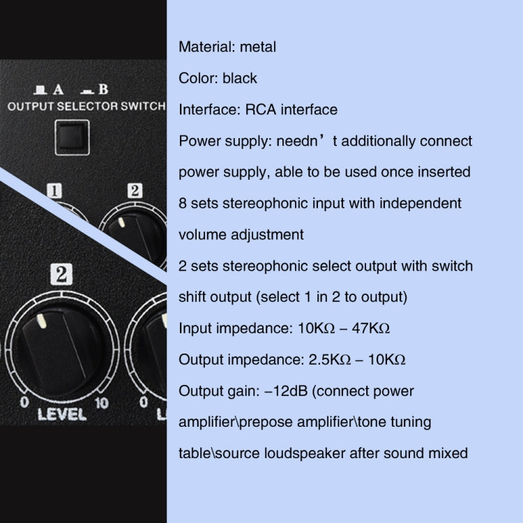 B066 Mini 8 Channel RCA Stereo Audio Passive Mixer Non-Source, No Power, 8 Channel RCA