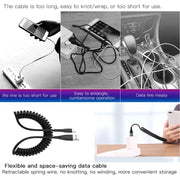 Cavo dati di ricarica rapida per telefono cellulare telescopico a molla da 1,5 m, USB to 8 Pin, USB to Type-C, USB to Micro USB