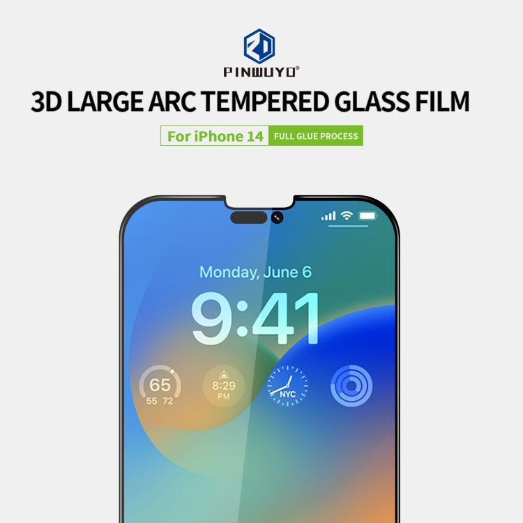 Pellicola in vetro temperato completamente antideflagrante curva 3D PINWUYO 9H, For iPhone 14, For iPhone 14 Plus, For iPhone 14 Pro, For iPhone 14 Pro Max