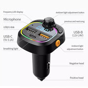 C28 Kit vivavoce per auto con luce d'atmosfera a ricarica rapida Trasmettitore FM stereo per lettore Mp3 per auto, C28