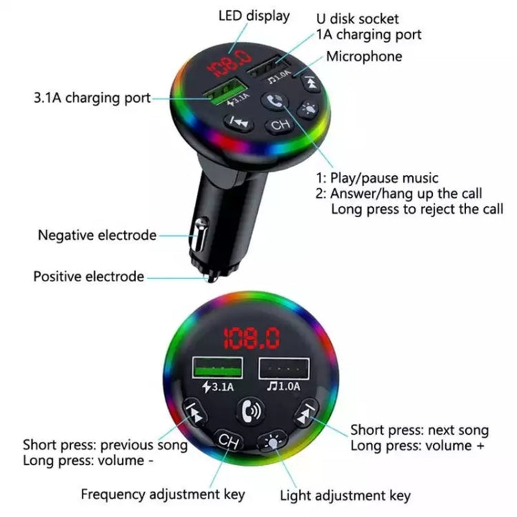 F13 Caricatore per smartphone per auto Chiamate in vivavoce 5.0 Lettore Bluetooth-MP3 Trasmettitore FM wireless per auto, F13