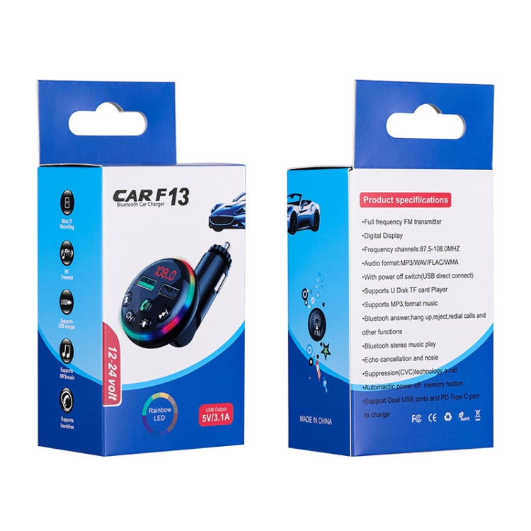 F13 Caricatore per smartphone per auto Chiamate in vivavoce 5.0 Lettore Bluetooth-MP3 Trasmettitore FM wireless per auto, F13