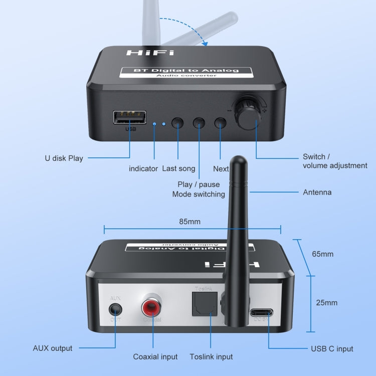 Ricevitore musicale Bluetooth 5.2 B35S Convertitore da digitale ad analogico Supporta fibra coassiale U-disk, B35S