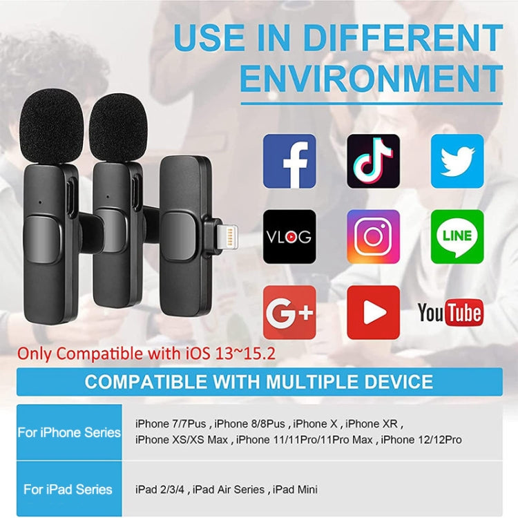 Mini microfono live K9 clip-on wireless con cancellazione automatica del rumore per dispositivo a 8 pin 2 in 1, K9IP-2