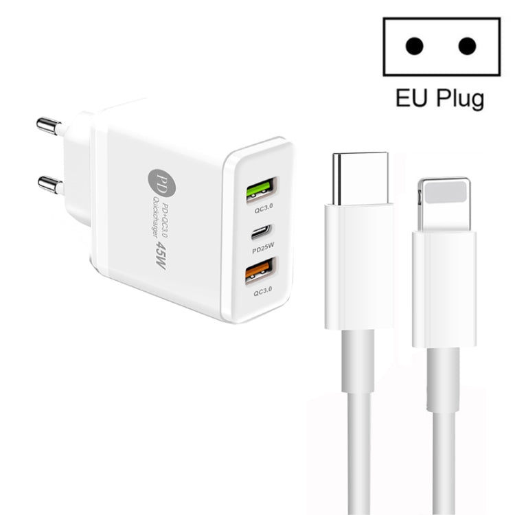 45 W PD3.0 + 2 x QC3.0 Caricabatterie multiporta USB con cavo da tipo C a 8 pin, spina europea, EU Plug + Type-C to 8 Pin Cable