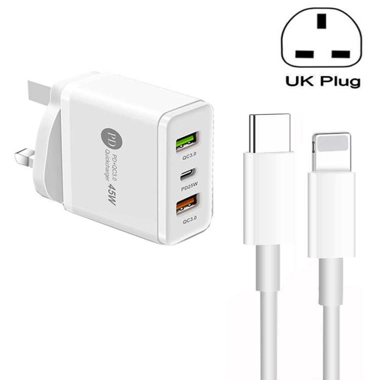 45W PD3.0 + 2 x QC3.0 Caricatore multiporta USB con cavo da tipo C a 8 pin, spina UK, UK Plug + Type-C to 8 Pin Cable
