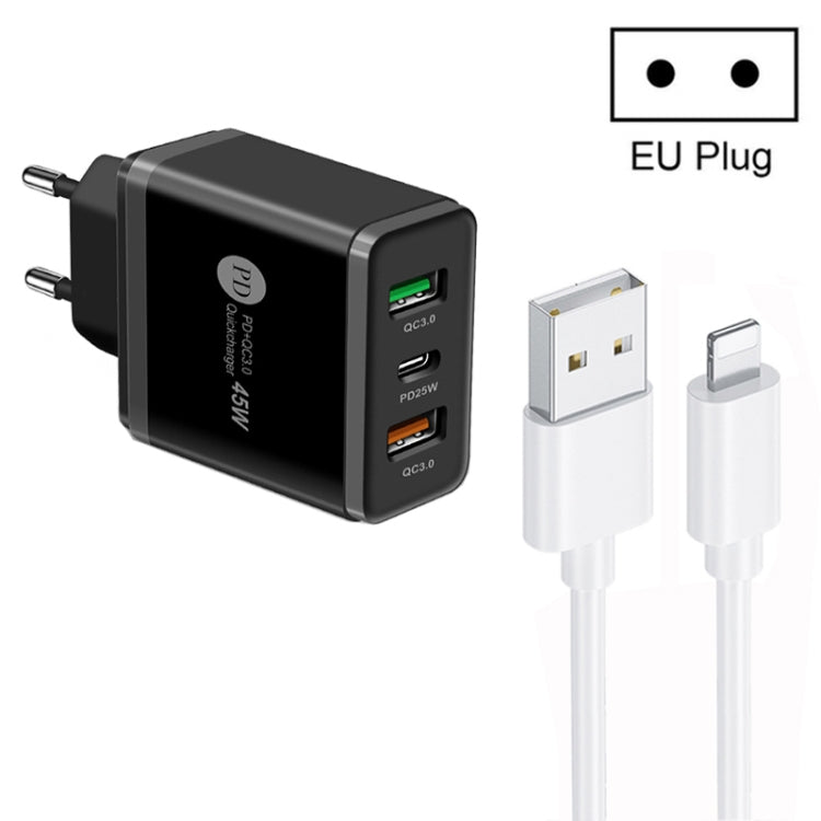 45W PD25W + 2 caricatori multiporta USB QC3.0 con cavo da USB a 8 pin, spina europea, EU Plug + USB to 8 Pin Cable