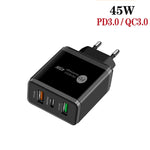45W PD25W + 2 caricatori multiporta USB QC3.0 con cavo da USB a 8 pin, spina europea, EU Plug + USB to 8 Pin Cable