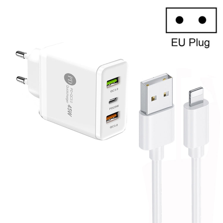 45W PD25W + 2 caricatori multiporta USB QC3.0 con cavo da USB a 8 pin, spina europea, EU Plug + USB to 8 Pin Cable