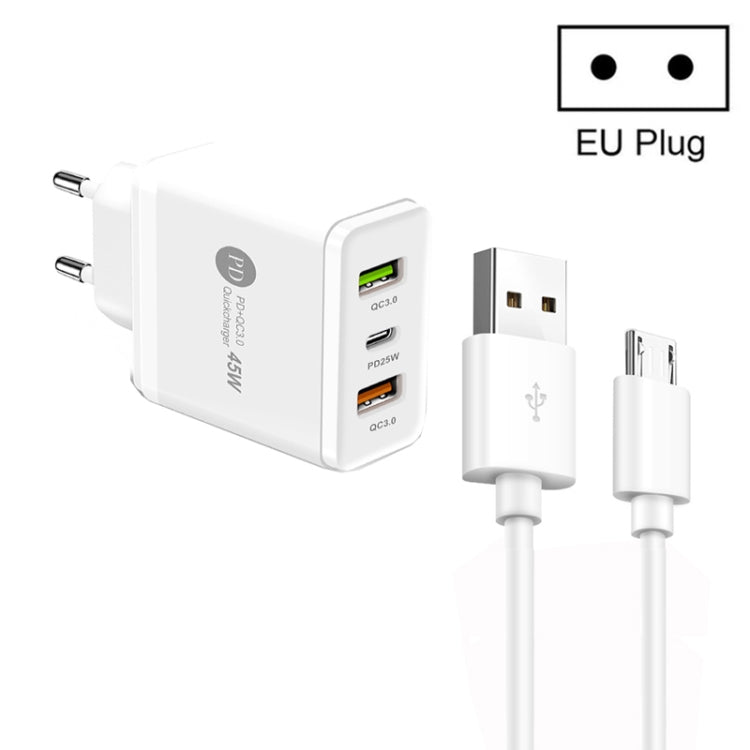 Caricabatterie 45W PD + 2 porte USB QC3.0 con cavo Micro USB
