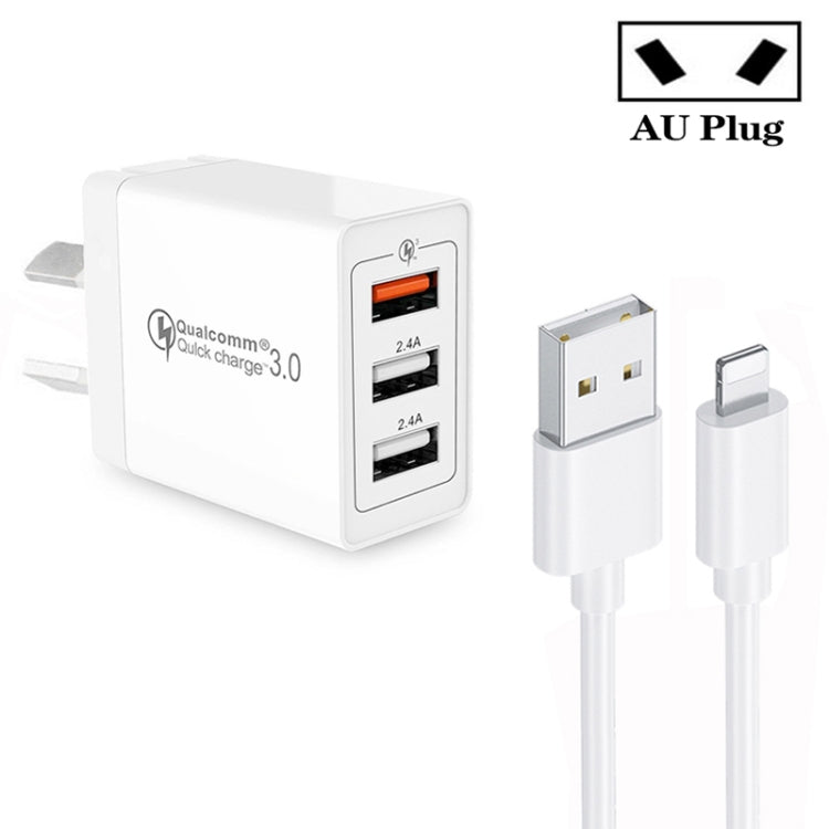 SDC-30W QC3.0 USB + 2 porte USB 2.0 Caricatore rapido con cavo da USB a 8 pin, spina AU, with 8 Pin Cable, AU Plug
