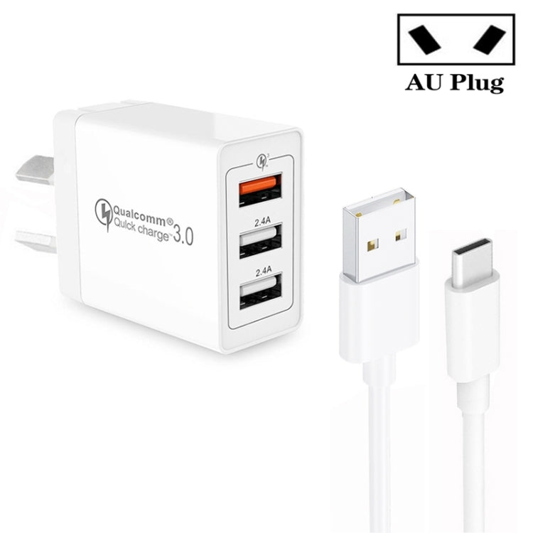 Caricabatterie rapido 30W QC3.0 con 3 porte USB e cavo Type-C