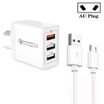 SDC-30W QC3.0 USB + 2 porte USB 2.0 Caricatore rapido con cavo da USB a micro USB, spina AU, with Micro USB Cable, AU Plug