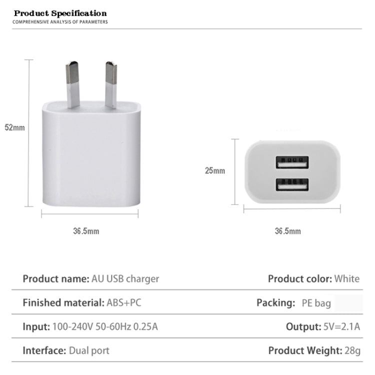 Mini caricatore USB a doppia porta con cavo dati da USB a micro USB, spina AU, AU Plug + Micro USB Cable