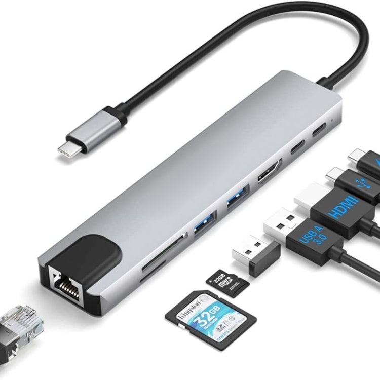 DS-20808 Adattatore multiporta hub USB-C/Type-C 8 in 1 con HDMI 4K, lettore di schede SD/TF USB 3.0, dongle USB C per MacBook Pro/Air e altri dispositivi di tipo C, 8 in 1