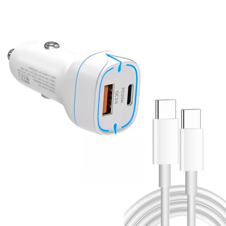 38W PD20W + Caricabatteria da auto USB QC3.0 con cavo dati da tipo C a tipo C, lunghezza: 1 m, Type-C to Type-C Cable (White), Type-C to Type-C Cable (Black)