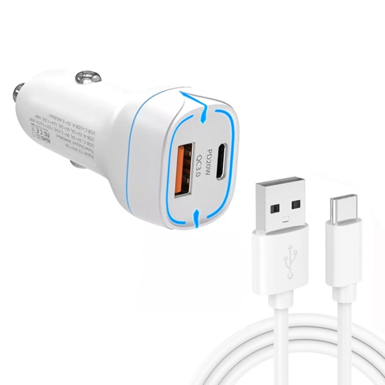 38W PD20W + Caricabatteria da auto USB QC3.0 con cavo dati da USB a tipo C, lunghezza: 1 m, USB to Type-C Cable (White), USB to Type-C Cable (Black)