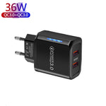 Caricabatteria per telefono cellulare USB QC3.0 a doppia porta da 36 W. Doppia uscita da 18 W, spina europea, EU Plug