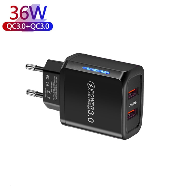 Caricabatteria per telefono cellulare USB QC3.0 a doppia porta da 36 W. Doppia uscita da 18 W, spina europea, EU Plug